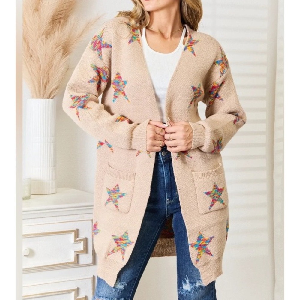 Double Take Long Line Open Cardigan Rainbow Colorful Stars Pockets Large Cozy‎